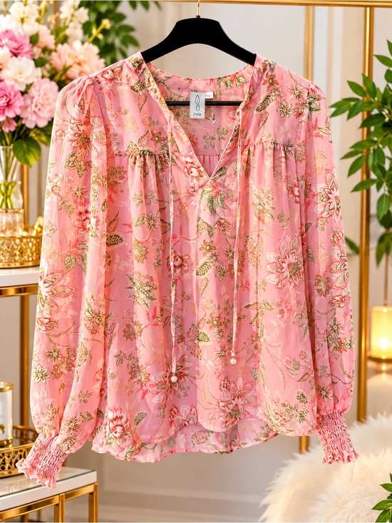 Joie Tops - Joie Pink Floral Peasant Tie-Detail Blouse